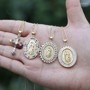 Pendant Necklaces 18 Inches White Black Red Cz Crystal Paved Christian Religious The Blessed Virgin Mary Statue Cross Charm Gold Necklace