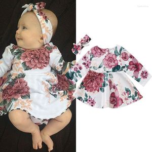 Girl Dresses Born Infant Baby Girls Dress Floral Kids Long Sleeve Headband 2pcs Outfits Set Clothes For 0-24 Month