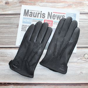 5本の指の手袋メンズファッションブラック波形ディアスキンレザーベルベットライニング模倣ウサギ秋秋風の防風暖かい221031