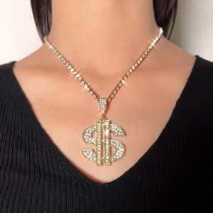 Łańcuchy luksus mrożony kryształowy znak wielki dolara naszyjniki dla kobiet złoto srebrny kolor noneston tenisowy gałęź biżuterii prezent biżuterii