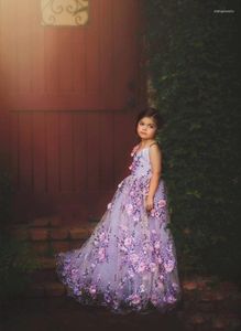Girl Dresses Purple Flower Girls For Weddings 3D Floral Appliques V Neck Pageant Princess First Communion Dress