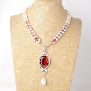 Pendant Necklaces 19'' 2 Strands Cultured White /Pink/Purple Pearl Red Crystal Keshi Necklace