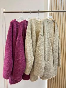 Kadın Örgü Kadınlar Şık Sahte Kuzu Saç HARDIGAN Sonbahar Kış Kış Uzun Kollu Açık Dikiş Gevşek Ceketli Örgü Dış Giyim Üstü