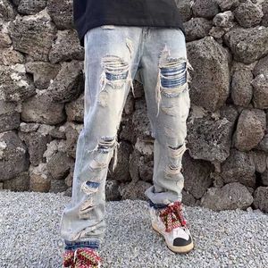 Mäns jeans 2022 high street hole rippade vintage män hip hop baggy jeans byxor punk nödställda retro tvättade rak denim byxor pantn t221102