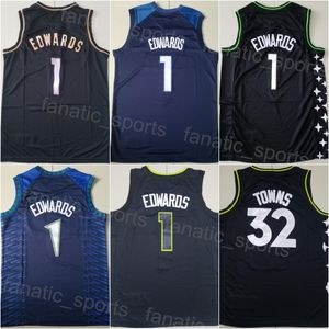 Man Declaração Basquete Karl-Anthony Towns Jersey 32 Anthony Edwards 1 All Stitched ganhou Association Icon City Navy Blue White Black Team para fãs de esporte uniforme