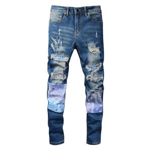 Tendência cor impressão retalhos jeans para homens juventude estilo hip hop elegante pantalon streetwear jeans