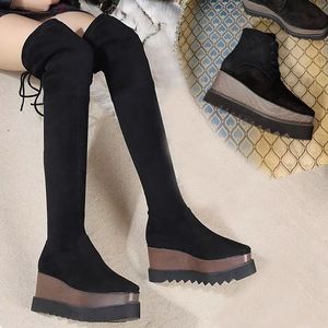 Herbst Winter mit Absatz lange Stiefel Mode sexy gestrickte elastische Stiefel Designer Schuh Frauen Wildleder Leder Keilabsatz Schuhe Dame dick hoch