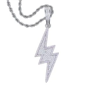 Collana con pendente a forma di fulmine pavimentato con zirconi bianchi rosa con catena a corda per donna Uomo Gioielli con ciondolo Hip Hop placcato oro argento