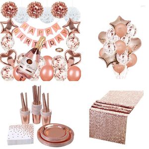 Party Decoration Rose Gold Decorations Set Happy Birthday Confetti Balloons With Banner Paper Pompoms Disponertable Table Seary
