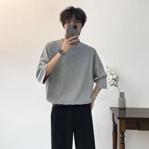 Herr t -skjortor grå lös eleganta modemän kläder för unga koreanska streetwear skolherrar överdimensionerade sommarblus