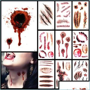 Temporary Tattoos Temporary Tattoo Sticker Horror Cat Bat Terror Wound Realistic Blood Injury Scar Stickers For Halloween Makeup Bod Dhq1A