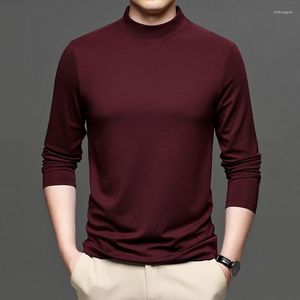 Men's T Shirts MLSHP Mulberry Silk Long Sleeve Men's T-shirts Spring Autumn Half High Collar Solid Color Male Simple Soft Man Tees 3XL