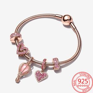 The New Popular 100%925 Sterling Silver Charm Rose Gold Pavi Hand Painted Love Pandora Bracelet Suite Women's Jewelry Gift