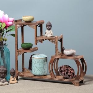 Estatuetas decorativas prateleira antiga artesanato de madeira Duobao Pavilion Crafts exibir suporte de chá de chá de tabela de chá de madeira de madeira sólida