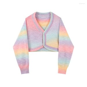 Women's Knits 2022 Autumn Colorful Sweet Sweater Cardigan Design Knitted Coat V-Neck Chic Women Tie-Dye Short Jacket