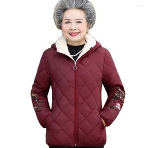 Women's Trench Coats Winter Middle Aged Mother Coat Add Velvet Thicken Down Cotton Ladies Outerwear Printing Zipper Hooded Loose Women