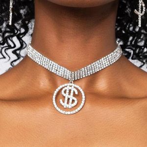 Pendant Necklaces Diamond-encrusted Dollar Necklace Sexy Coin Multi-row Ornament Gold Choker Clavicle Chain
