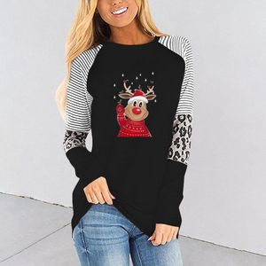 Kadın Tişörtleri Kadın Noel Geyiği Baskı Gündelik O Boyun Leopar Çizgili Bir Ekleme Uzun Kollu Üst Gömlek Bluz Tunik