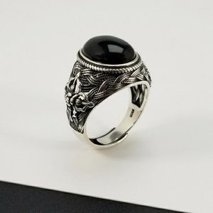 Cluster Rings Natural Black Onyx Oval Stone Solid Silver 925 Band Men Pure Sterling Thai Cool Mens smycken gåvor