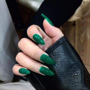 False Nails Long Almond Shape Stiletto Pointed Dark Green Glossy Fake Reusable Ultra Thin Solid Color With Glue Sticker