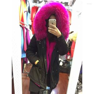 Women's Fur Winter Wear Fashion Rose Pink Faux Lining Black Beading Parka Short Style Coats Mrs Furs Jacket