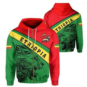 Men's Hoodies Ethiopia Flag With Lion Brand Design Fleece Zip Up Men's Hoodie & Sweatshirt Casual Pullover Hooded Jacket Coat