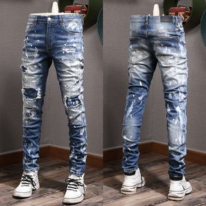 Painted Stitch Detail Jeans Mens Distressed Vintage Slim Fit Leg Denim Trousers Male