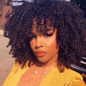 Afro kinky curly peruk med bangs maskin gjorda hårbotten topp peruk 150 densitet remy brasiliansk kort curl bang mänsklig hår vintersäsong het div11