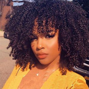 Peruca curly afro com m￡quina de franja feita no couro cabeludo perucas 150 densidade Remy brasileiro curto curto bang cabelo humano inverno temporada quente diva1