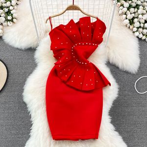 Moda jesienna Kobieca, dopasowana, zawijana sukienka biodrowa Bez rękawów Stud Bead Plisowany biustonosz Open Sling Dress