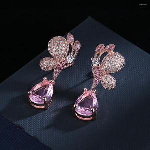 Серьги -грибы элегантные женские цвета розового золота Симпатичная капля бабочка с розовыми цирконами каменные чары хрустальные подвески
