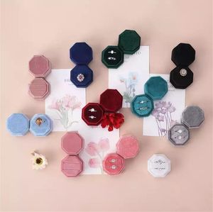 Octagon Shape Velvet Jewelry Box Double Ring Storage Case Wedding Ring Display Boxes for Woman Girls Gift Earring Package