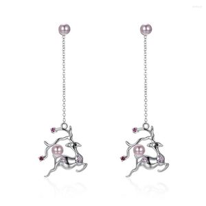 Dangle Earrings Lady S925 Crystals Earings Charm 925 Sterling Silver Christmas Sika Deer Pearl Drop For Women Girl Gift