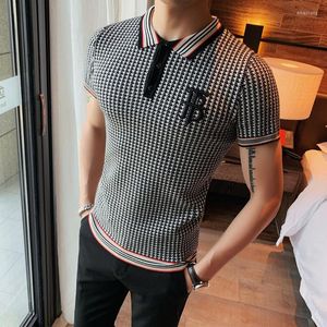 Herren Polos Britischer Stil Thousand Bird Check Herren Poloshirt Stickerei Slim Fit Gestricktes T-Shirt Revers Social Club Outfits Camisa Hombre