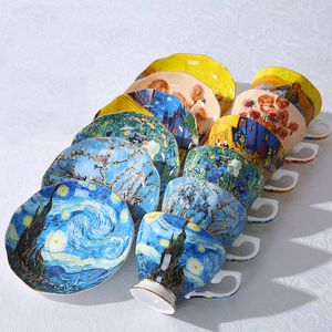 Fincan tabakları van gogh sanat boyama kahve kupaları yıldızlı gece ayçiçeği