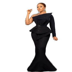 Aso Ebi Schwarze Meerjungfrau Formelle Abendkleider Perlen Kristalle Perlen Lange Ärmel Plus Size Fashion Party Damen Ballkleider Pageant274H