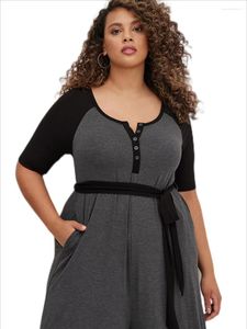 Spodnie Plus Size Summer Spring Fashion Kobiety Raglan Sueve Suksuits Grey and Black Blokowana szeroka noga duża 7xl 8xl