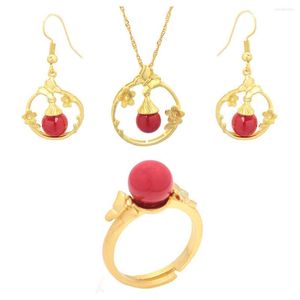 Necklace Earrings Set 1 Of Chinese Style Red Shell Beads Golden Bridal Jewelry Flower Butterfly Adjustable Ring Female