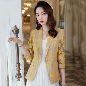 Women's Suits Short Suit Jacket Women's 2022 Lace Hollow Stitching V-neck One Button Slim Fit Thin Three Quarter Sleeve Blazer Top