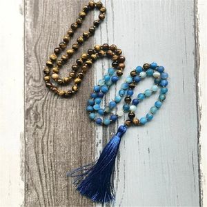 Kedjor 8mm Tiger Eye Blue Stone 108 p￤rlor handgjorda Tassel halsband japa religi￶s spiritualitet chakra tibetansk b￶n spiritua mala