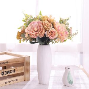 Decorative Flowers Silk Artificial Bouquet White Peony Rose Wedding Party Decoration High Quality Fake Flower Home Living Room Simulation