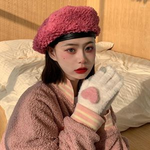 Berets Berry Red Plush Beret Ins Versatile Painter Caps Autumn And Winter Cute Teddy Velvet Fashionable Show Face Small Women's Hats