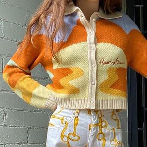 Women's Knits Boho Inspired Cropped Jacquard Cardigan Women Collar Landscape Print Long Sleeve Autumn Sweater