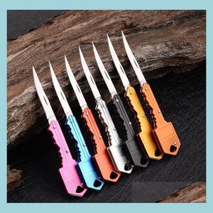 Keychains Lanyards 7 Colors Key Shape Mini Folding Knife Outdoor Saber Pocket Fruit Mtifunctional Keychain Knives Swiss Selfdefens Dhnsm