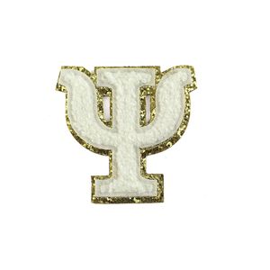 Notions 6,5 cm Toppe autoadesive in ciniglia con lettere greche Toppa ricamata con bordo glitter oro Alfabeto Applique Adesivo per abbigliamento Fai da te