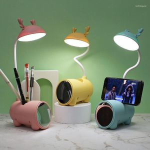 Bordslampor Creative Antler Lamp Pen Holder Makeup Mirror Led Reading Desk Touch Switch USB laddning Nattljus