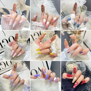 Fashion 24Pcs Tips French False Nails Glitter Long Nails with Box Jelly Glue Nail Files and Alcohol Pads Manicure Tools Set