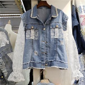 Jaquetas femininas Flare Lace Sleeve Patch Jacket para mulheres Casaco de verão Jeans de retalhos de malha de malha feitos