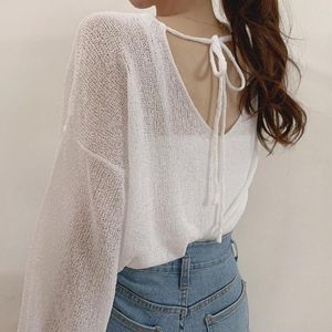 Women's Sweaters Summer 2022 Style Thin Back V-neck Pierced T-shirt Women's Hollow Lace-up Trumpet Sleeve Sunscreen Sweater Top