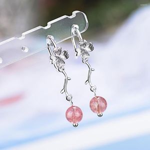 Baumelnde Ohrringe, luxuriöse S925-Silber-Ohrringe für Damen, mit Kleeblatt und langer Quaste aus Baumblättern, rosa Erdbeer-Mondstein